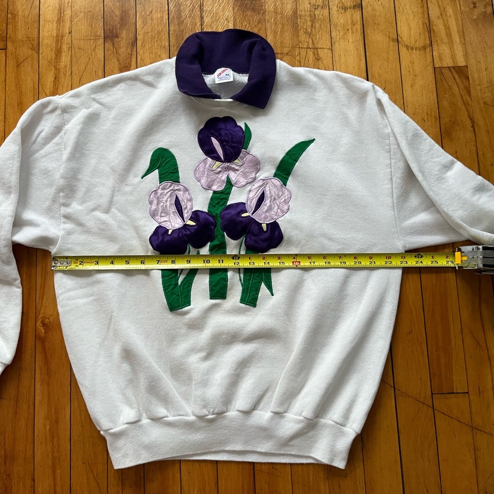 VTG Jerzees White and Purple Floral Iris Collared Pullover Sweatshirt Women’s XL - Picture 6 of 8